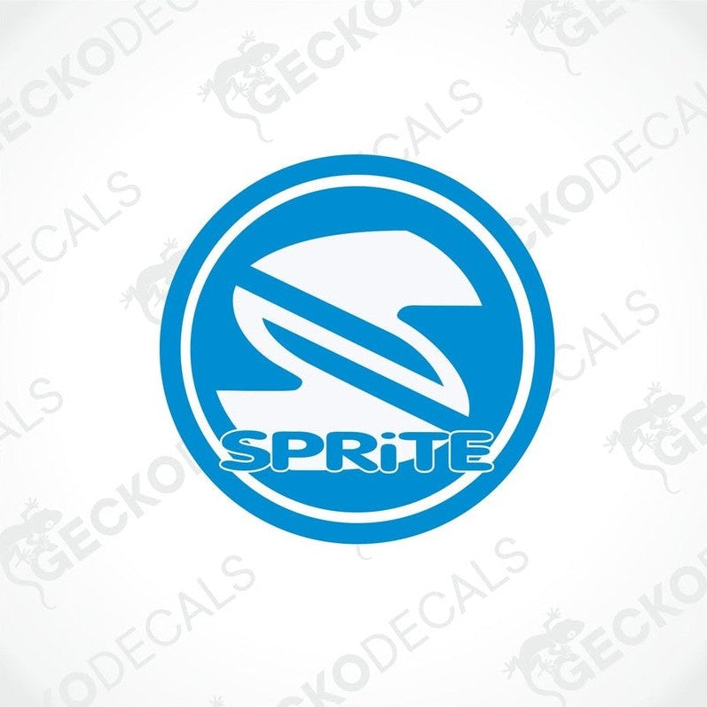 Blue and white circular SPRITE decal with stylized bird graphic for caravan interior or exterior