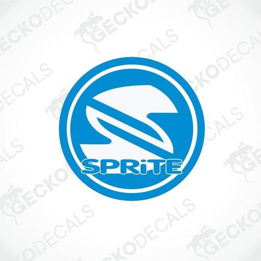 Blue and white circular SPRITE decal with stylized bird graphic for caravan interior or exterior