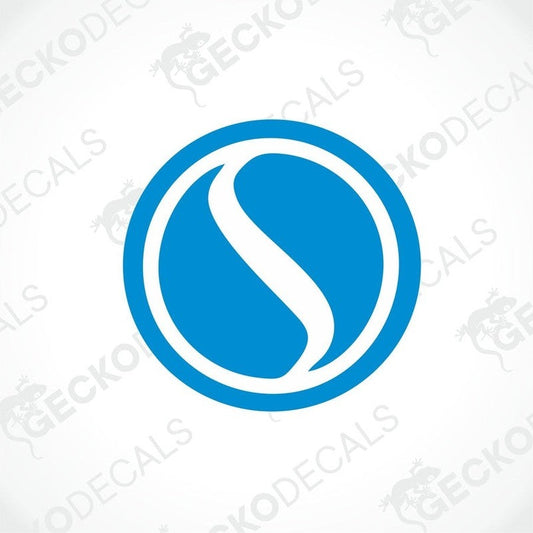 A blue circular decal with a white line and the Gecko Decals logo in the center.