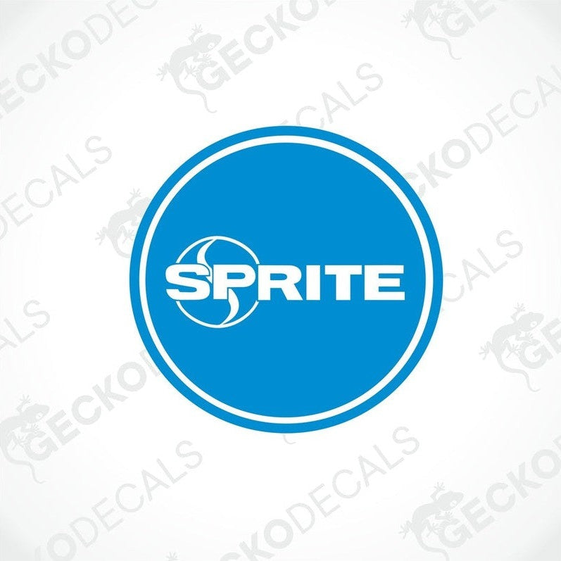 A blue circular decal with the word 'SPRITE' in the center, surrounded by a white border with the text 'gecko decals'.