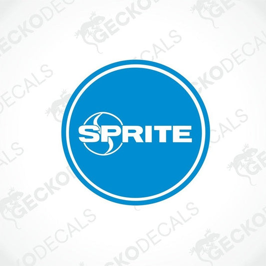 A blue circular decal with the word 'SPRITE' in the center, surrounded by a white border with the text 'gecko decals'.