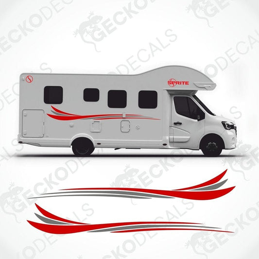 White motorhome with applied Sprite red and gray side stripe decals and logo stickers