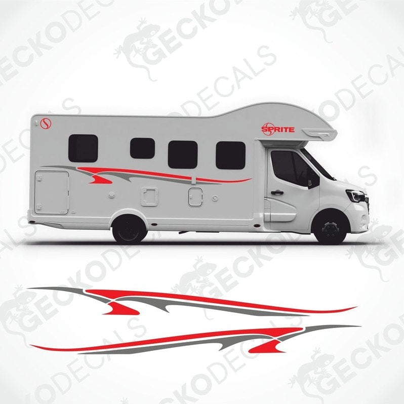 A white Gecko Decals brand caravan with red and grey decals, featuring the SPRITE logo.
