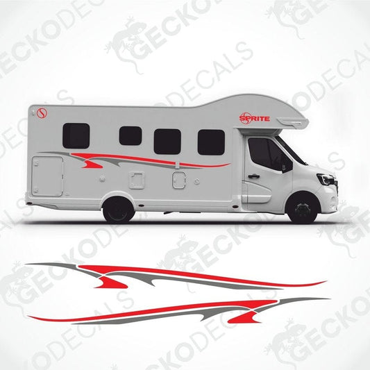 A white Gecko Decals brand caravan with red and grey decals, featuring the SPRITE logo.