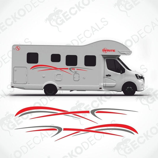 A white caravan with red and black decals featuring the SPRITE brand logo.