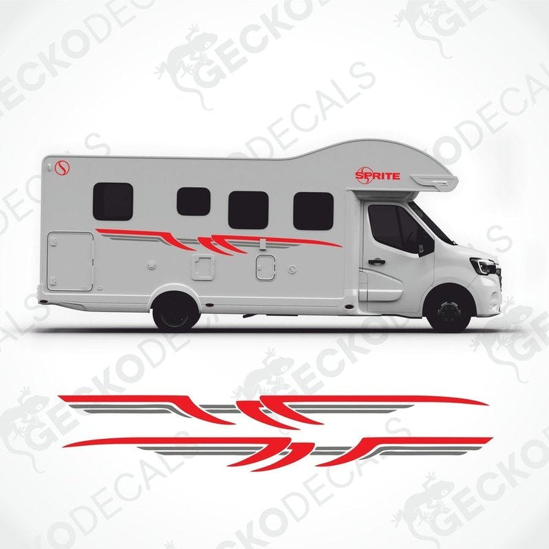 A white caravan with red and grey decals featuring the SPRITE brand logo.