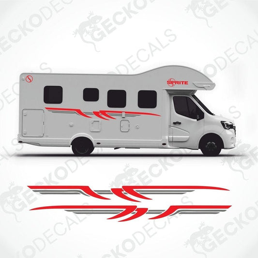A white caravan with red and grey decals featuring the SPRITE brand logo.