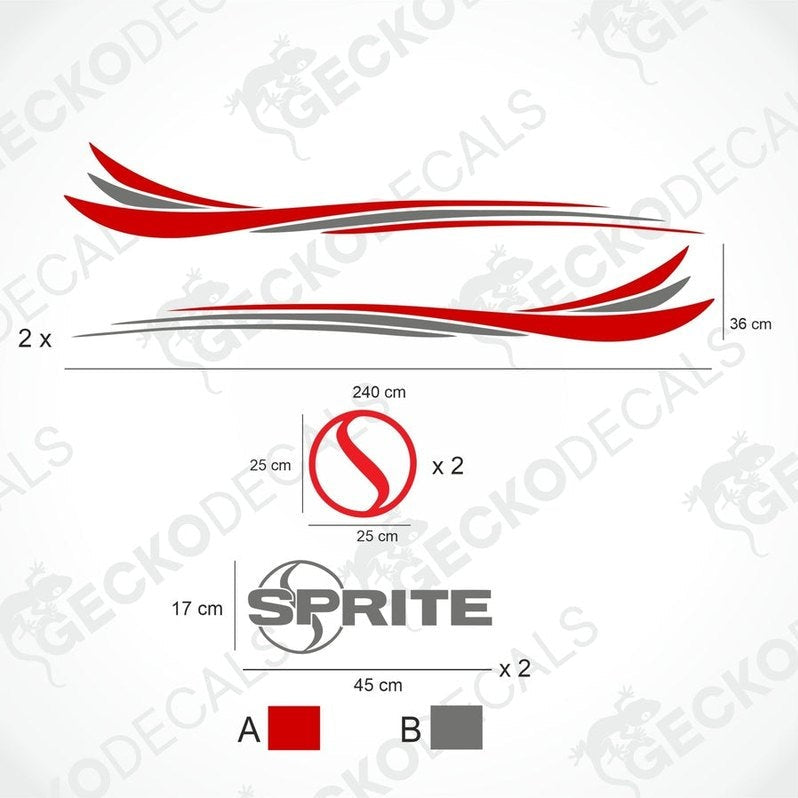 Sprite Caravan Decoration Set die-cut vinyl decals with red and gray side stripes and logos