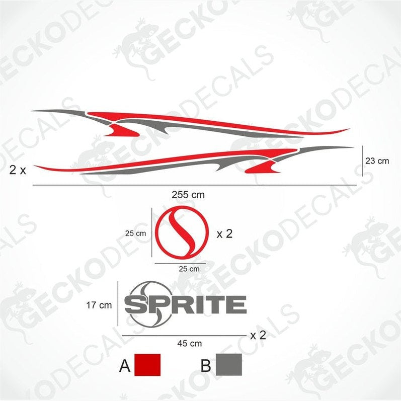 A white Gecko Decals brand caravan with red and grey decals, featuring the SPRITE logo.