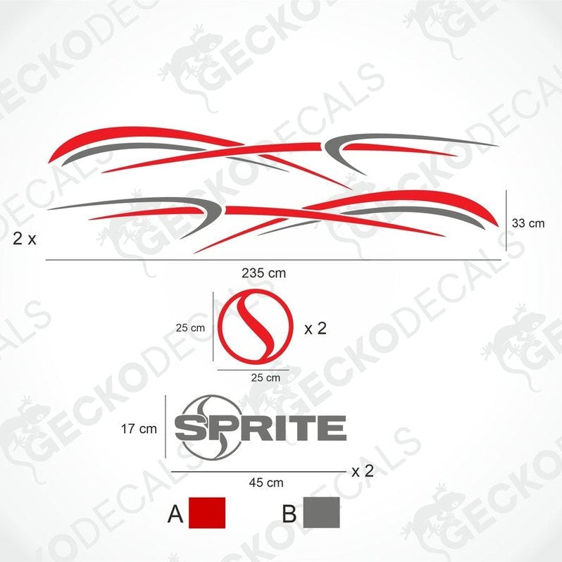 A white caravan with red and black decals featuring the SPRITE brand logo.