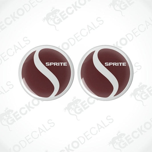 Two maroon Sprite epoxy resin dome stickers with white logo