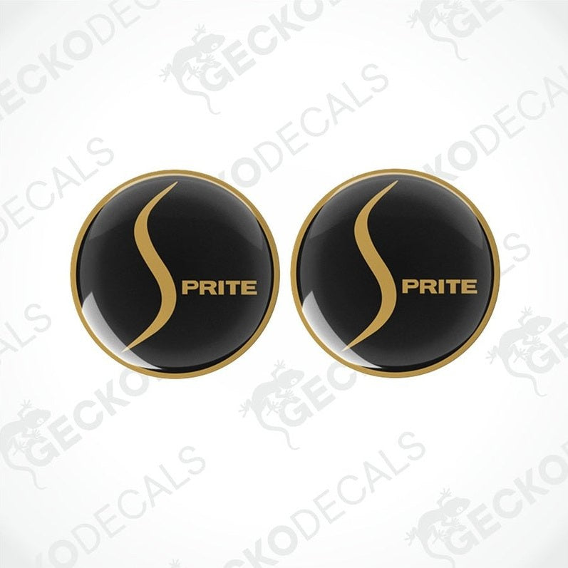 Set of two black and gold domed epoxy resin vinyl decals with stylized S logo