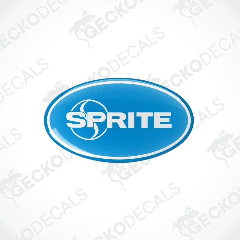Close-up of blue domed Sprite vinyl decal with protective coating