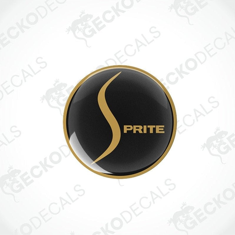 Close-up of single glossy black domed epoxy decal featuring gold border and lettering