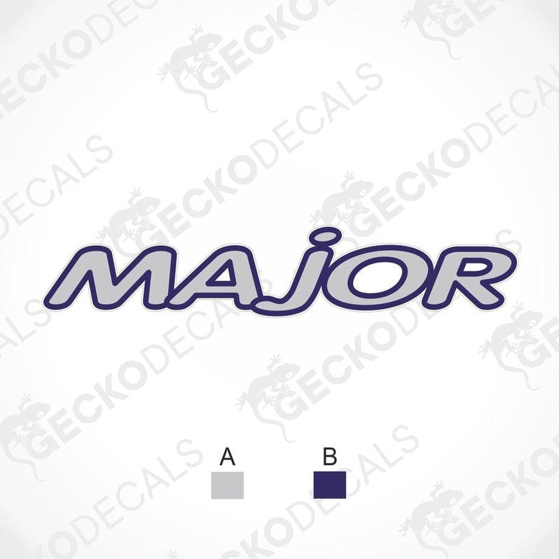 A white vehicle decal with the word 'MAJOR' in purple bold font, accompanied by the Gecko Decals logo.