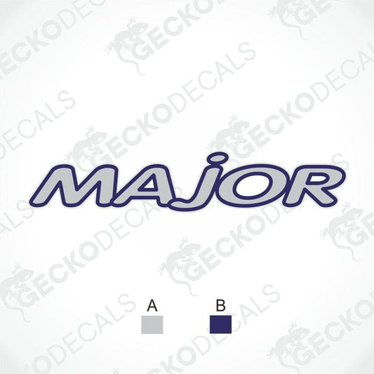 A white vehicle decal with the word 'MAJOR' in purple bold font, accompanied by the Gecko Decals logo.