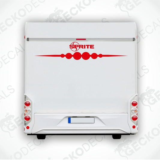 Rear decal of a white caravan with the SPRITE brand logo.