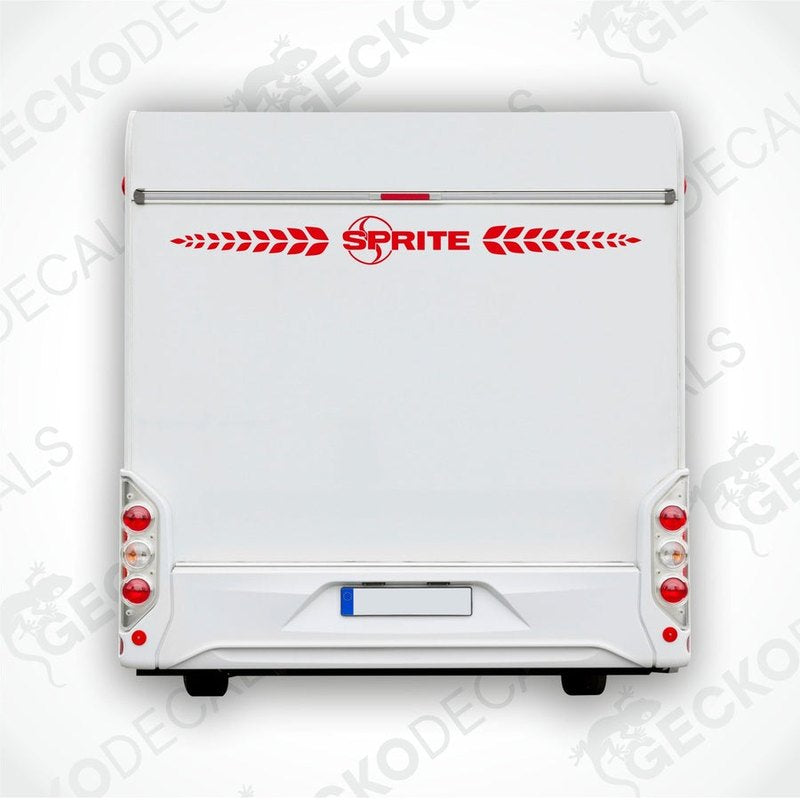 Rear decal of a white caravan with the SPRITE brand logo.