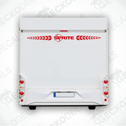 Rear decal of a white caravan with the SPRITE brand logo.