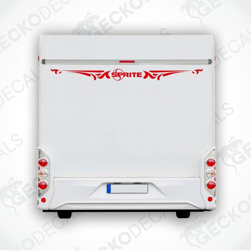 Rear decal of a white caravan with the 'Sprite' brand logo in red and black.