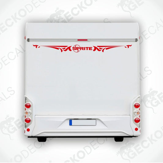 Rear decal of a white caravan with the 'Sprite' brand logo in red and black.