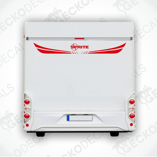Rear decal of a white caravan with the SPRITE brand logo and red detailing.