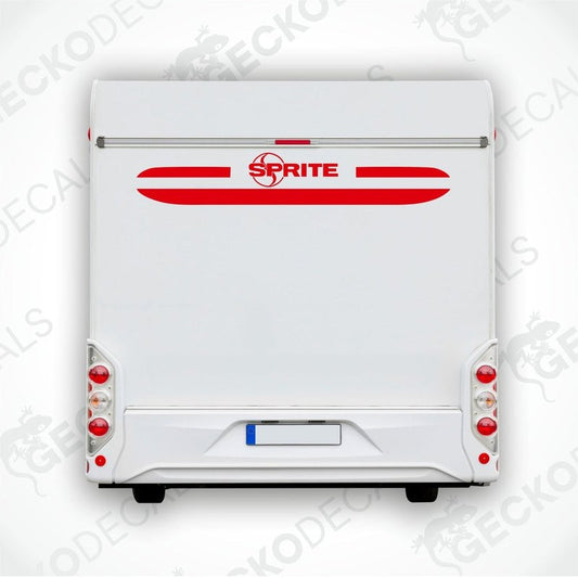 A white caravan with a red and black 'Sprite' brand decal on the rear side.