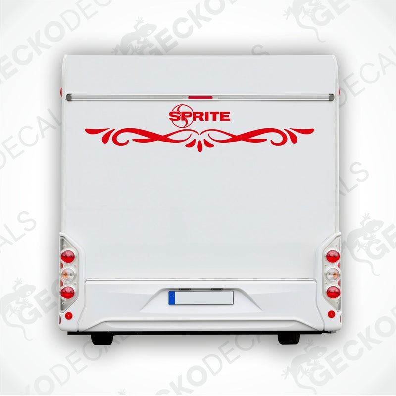 Rear decal of a white caravan with the SPRITE brand logo.