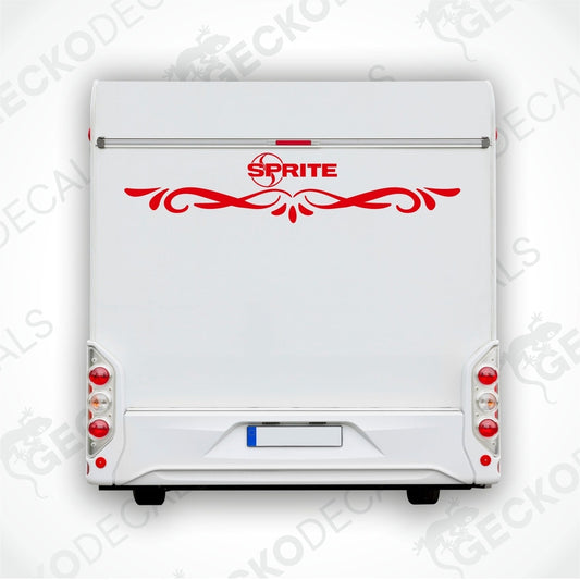 Rear decal of a white caravan with the SPRITE brand logo.