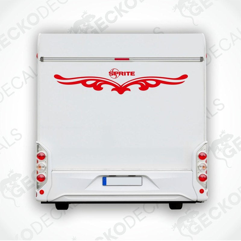 Rear decal of a white caravan with the 'Sprite' brand logo in red and black.