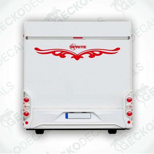 Rear decal of a white caravan with the 'Sprite' brand logo in red and black.