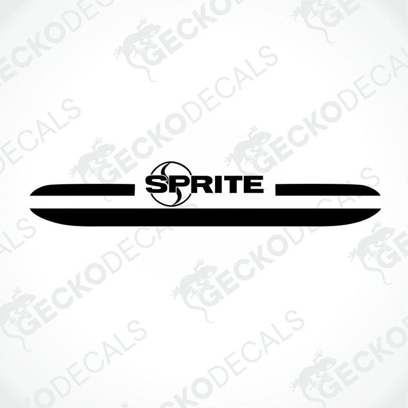 A white caravan with a red and black 'Sprite' brand decal on the rear side.