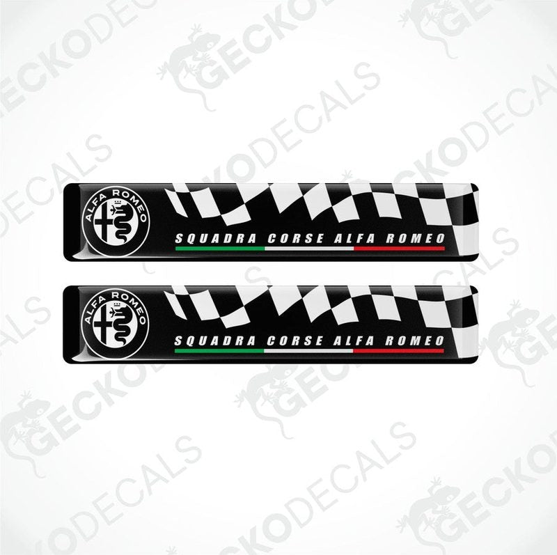 Two black, white checkered flag and white text Squadra Corse Alfa Romeo stickers, with the Italian flag