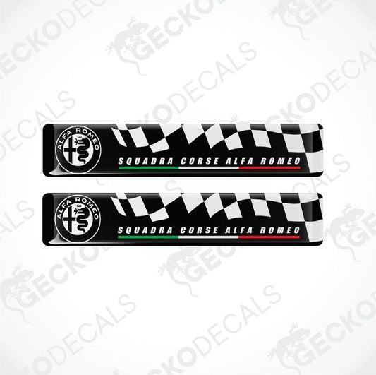 Two black, white checkered flag and white text Squadra Corse Alfa Romeo stickers, with the Italian flag