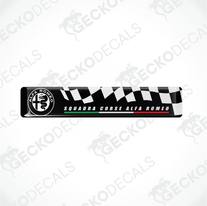 Black, white checkered flag and white text Squadra Corse Alfa Romeo stickers, with the Italian flag