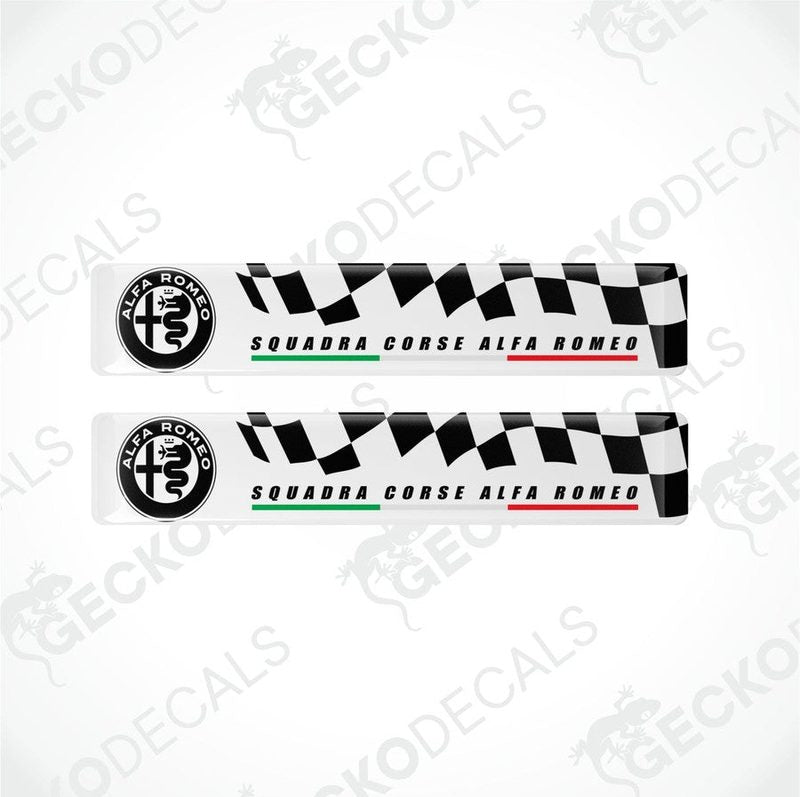 Two white,black checkered flag and black text Squadra Corse Alfa Romeo stickers, with the Italian flag