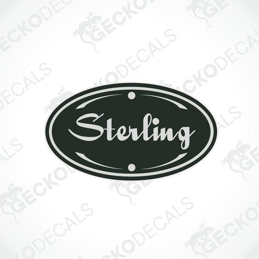 Sterling oval caravan decal with white cursive text and flourishes on dark green background
