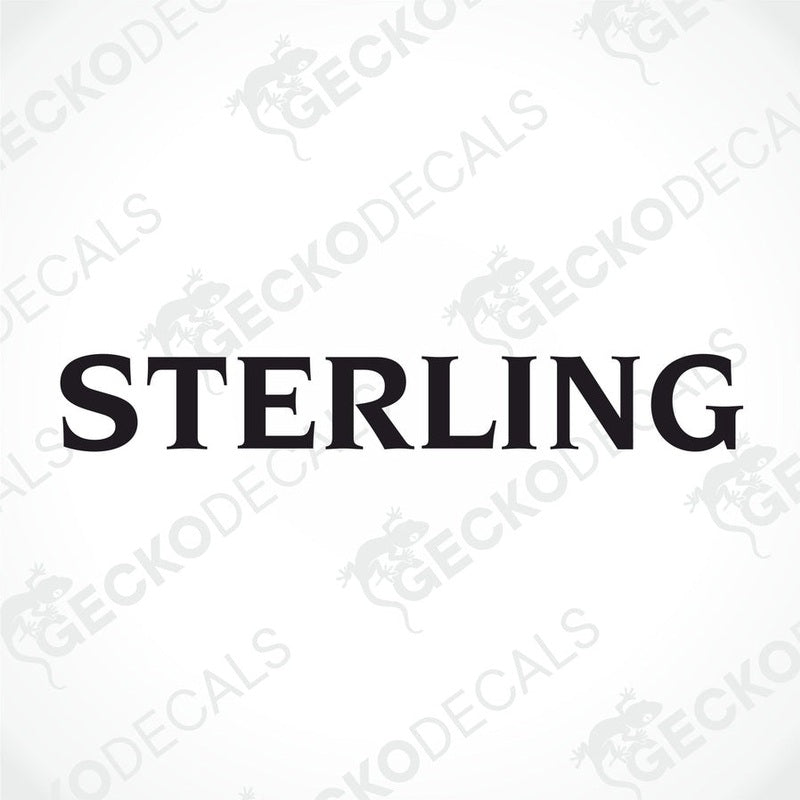 A black decal with the word 'STERLING' in capital letters. The decal has a white background with a small 'G' logo at the bottom right corner, indicating the brand Gecko Decals.