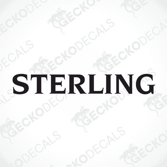 A black decal with the word 'STERLING' in capital letters. The decal has a white background with a small 'G' logo at the bottom right corner, indicating the brand Gecko Decals.