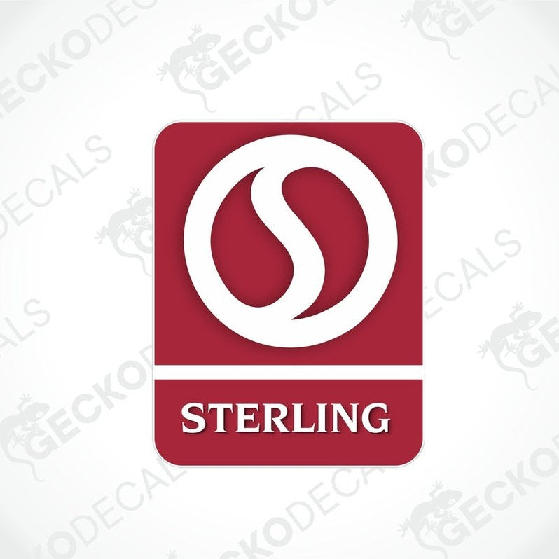 Red Sterling vinyl decal with white logo and text for caravan interior or exterior