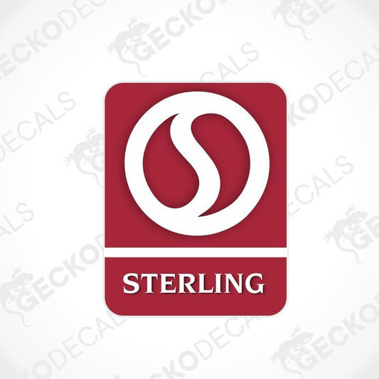 Red Sterling vinyl decal with white logo and text for caravan interior or exterior