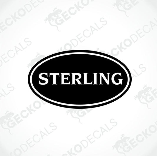 A black decal with the word 'STERLING' in bold capital letters, surrounded by a white border.