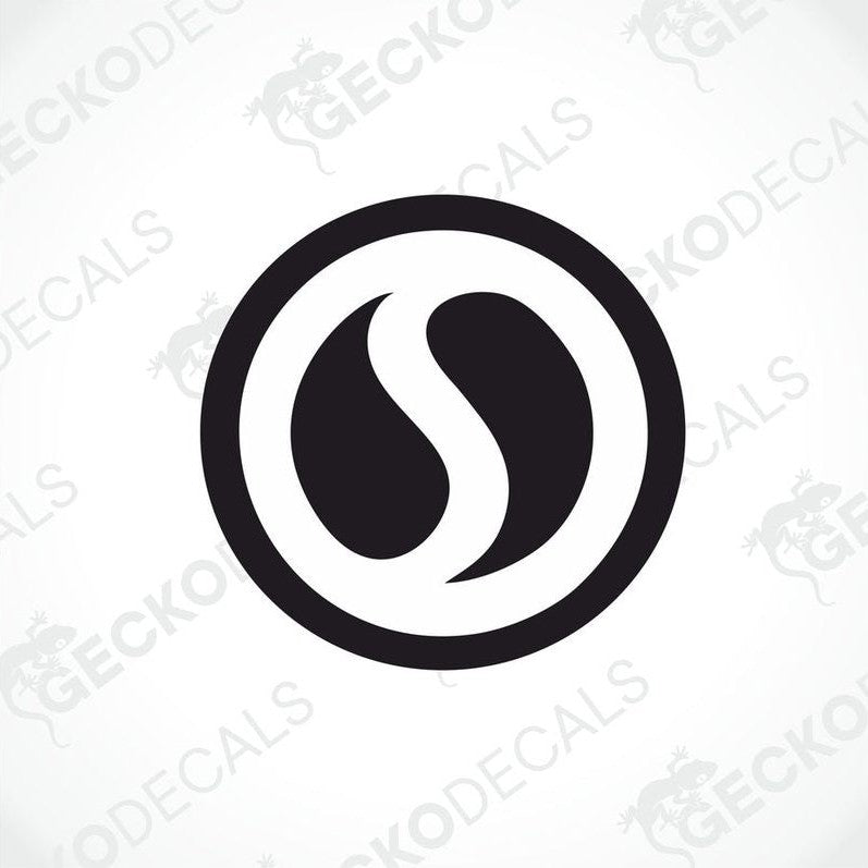 Black circular STERLING vinyl decal with white ring and stylized S design for car or caravan