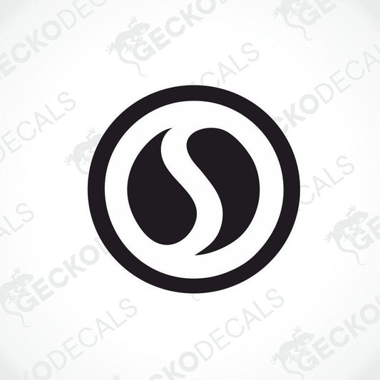 Black circular STERLING vinyl decal with white ring and stylized S design for car or caravan