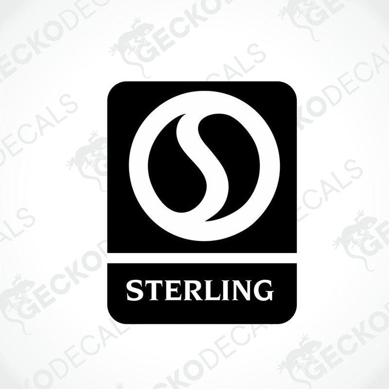 A black decal with the word 'STERLING' in the center, surrounded by a white border. The decal has a laminated finish and is branded with 'GECKODECALS'.