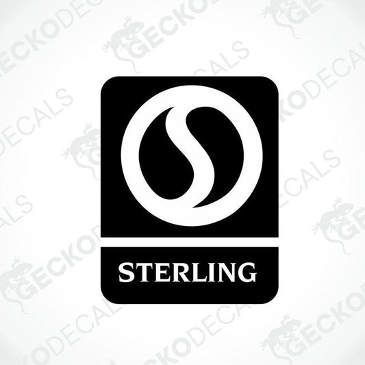 A black decal with the word 'STERLING' in the center, surrounded by a white border. The decal has a laminated finish and is branded with 'GECKODECALS'.