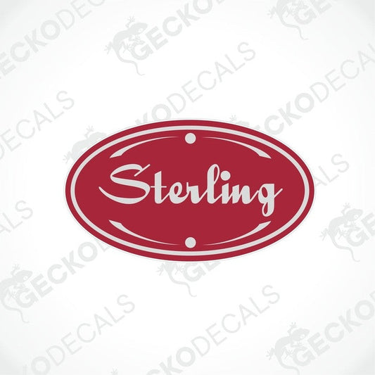 Red Sterling oval caravan decal with white cursive text and curved accents