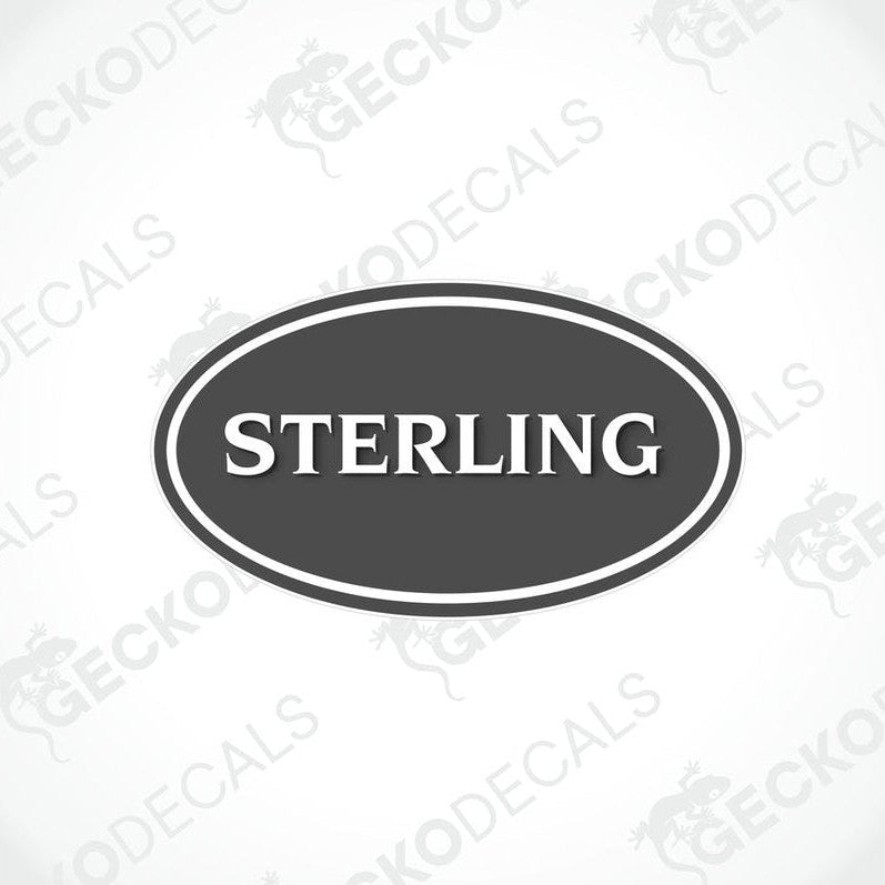 A printed decal with the word 'STERLING' in a circular bordered design, labeled with 'GECKODECALS' and a watermark of '© COPYRIGHTED 2015'.