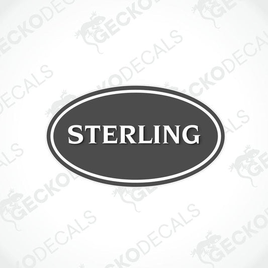 A printed decal with the word 'STERLING' in a circular bordered design, labeled with 'GECKODECALS' and a watermark of '© COPYRIGHTED 2015'.