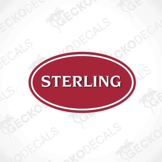 Sterling oval caravan decal with deep red background and white serif text